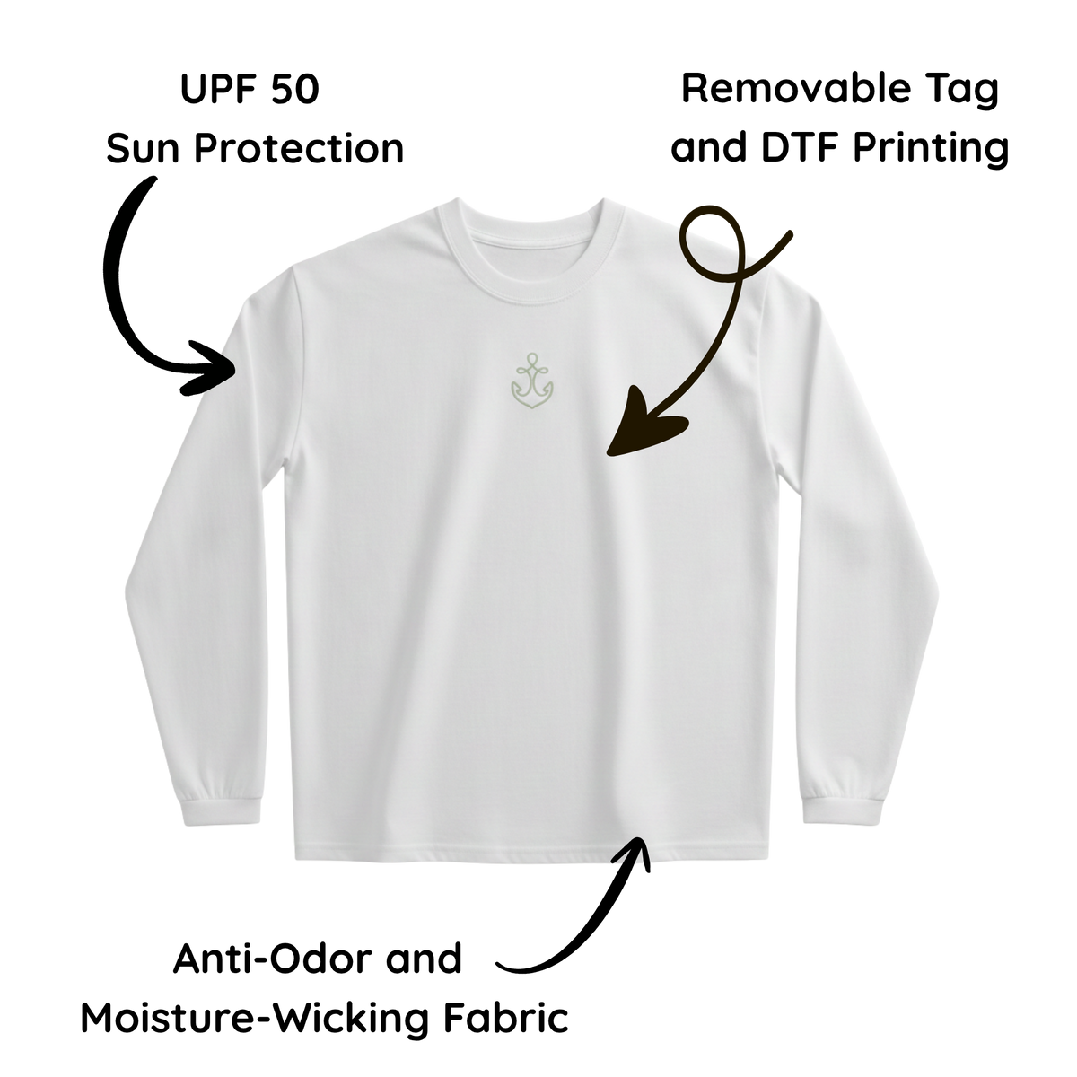 long sleeve UPF 50 rashguard with a small anchor at the chest
