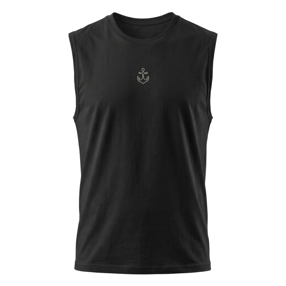 Black tag-free compression tee with flatlock seams, shown flat on a neutral background