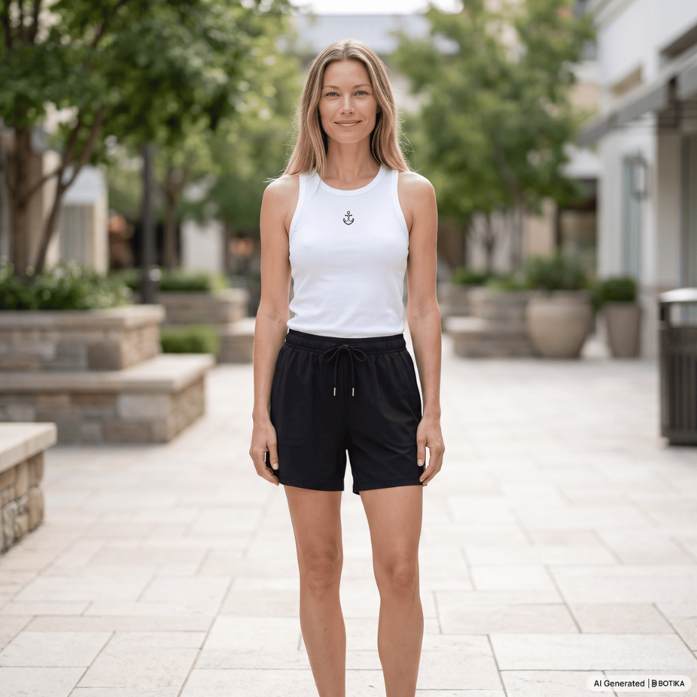 Tag-free compression tee with flatlock seams, shown flat on a neutral background