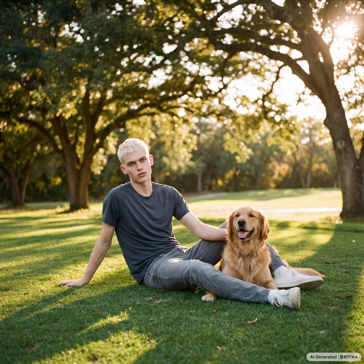 A young man with blonde hair sits on a grassy park lawn next to a golden retriever dog, wearing a dark gray t-shirt and gray jeans, with sunlit trees in the background.
