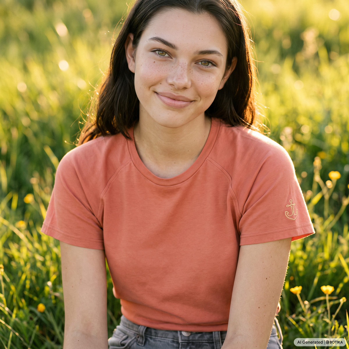 A woman with dark hair sitting in a grassy field at sunset, wearing a short-sleeve crewneck t-shirt in a muted terracotta or salmon pink color with a small gold graphic on the left sleeve.